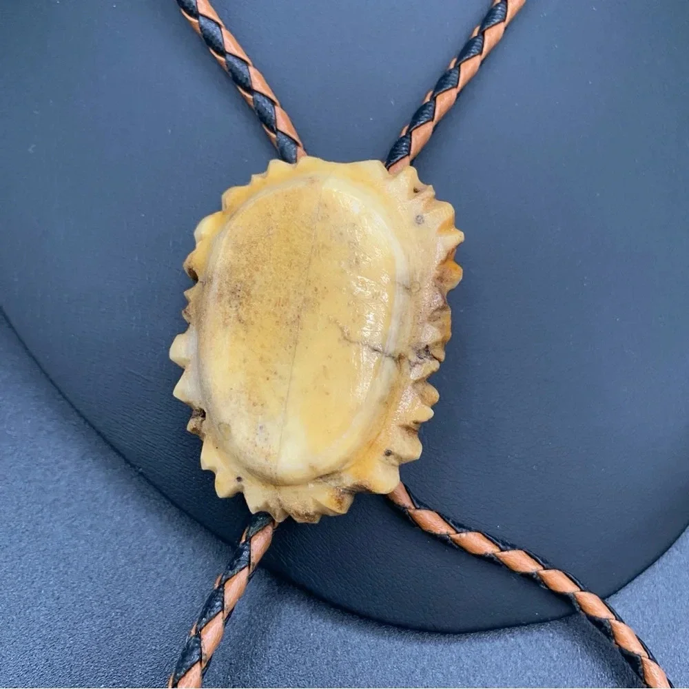 Vintage Bolo Neck Tie with Braided Leather Cord and Carved Horn